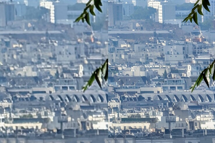 El zoom Pro Res funciona mejor en las ciudades (Izquierda: sin editar, Derecha: optimizado para IA) (Fuente de la imagen: Cnet)
