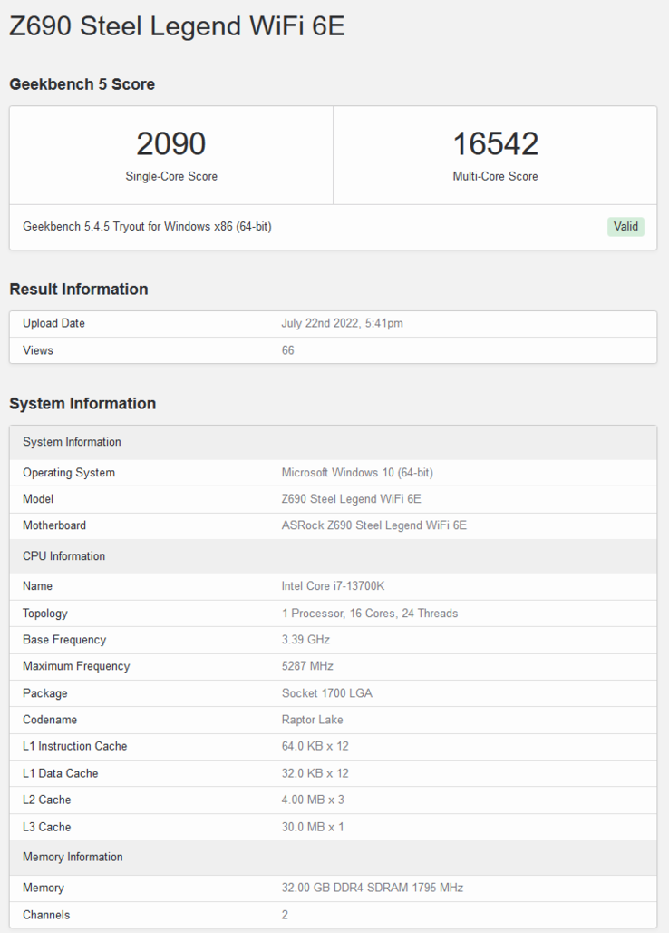 Listado de Intel Core i7-13700K en Geekbench (imagen vía Geekbench)