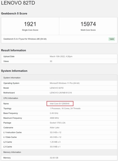 Intel Core i9-12900HX. (Fuente de la imagen: Geekbench)