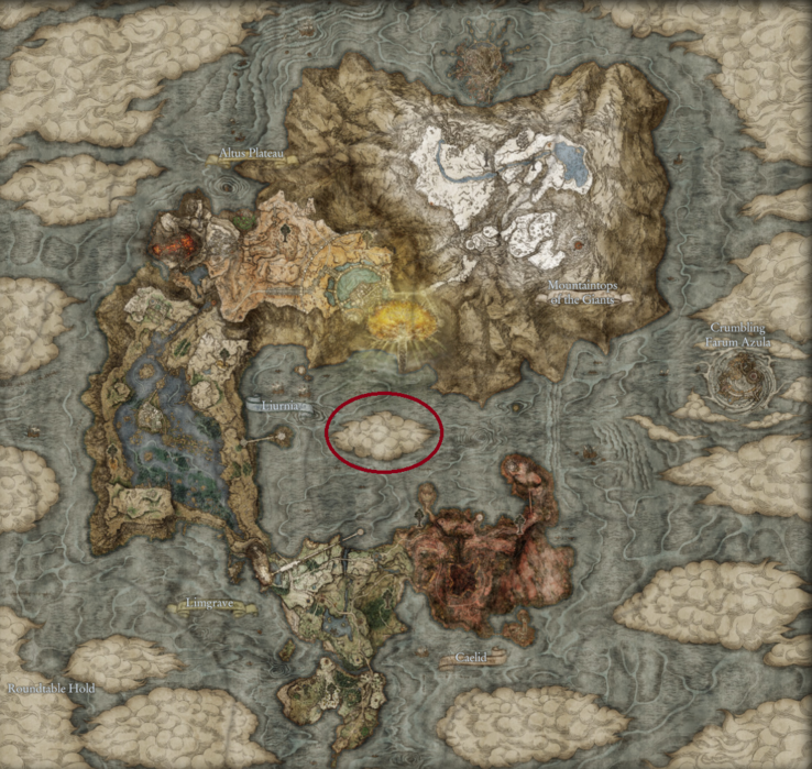 Posible ubicación de Shadow of the Erdtree en The Lands Between (imagen vía Map Genie, editada)