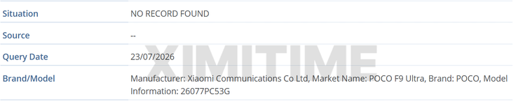 Entrada del Poco F9 Ultra en la base de datos IMEI de la GSMA.
