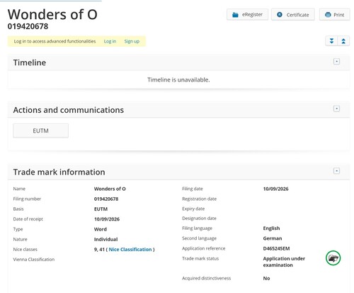 Solicitud de registro de la marca «Wonders of O» n.º 1