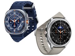 Galaxy Watch Ultra en azul titanio (arriba) y Galaxy Watch 8 Classic en negro con banda de color topo (editado).