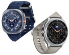 Galaxy Watch Ultra en azul titanio (arriba) y Galaxy Watch 8 Classic en negro con banda de color topo (editado).