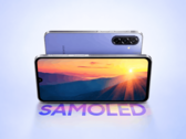 Samsung Galaxy F70 5G mostrado de frente y por detrás con un acabado morado