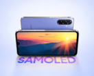 Samsung Galaxy F70 5G mostrado de frente y por detrás con un acabado morado