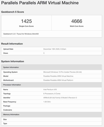 El Surface Pro X contra el "M1 Mac en Parallels". (Fuente: Geekbench vía Twitter)