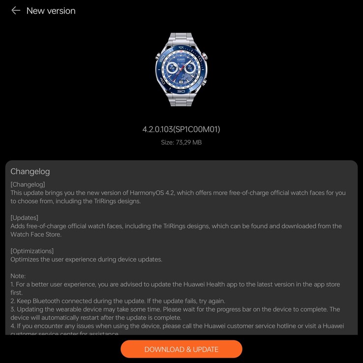 El registro de cambios de la versión 4.2.0.103 para el Huawei Watch Ultimate. (Fuente de la imagen: @RODENT950 vía X)
