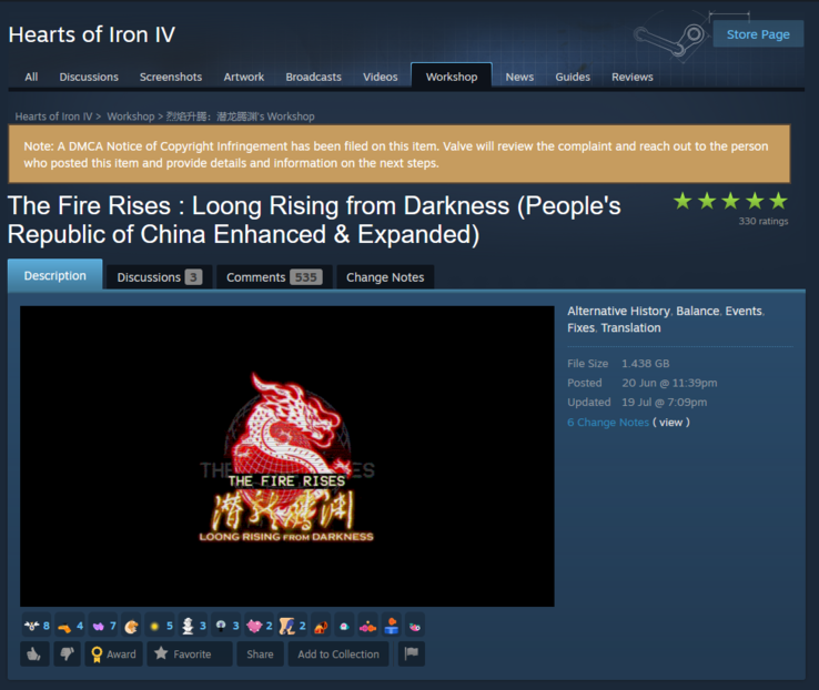 El aviso DMCA en la página de la comunidad Steam de The Fire Rises : Loong Rising from Darkness. (Fuente de la imagen: Steam)