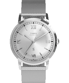 Reloj de vestir Timex x Todd Snyder Marlin Mesh con esfera plateada con acabado rayos de sol y brazalete milanés.