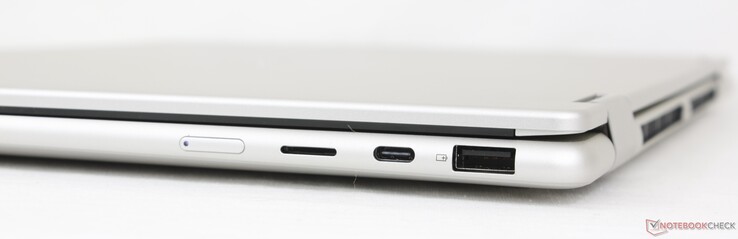 Derecha: Botón de encendido, lector MicroSD, USB-C (10 Gbps) con DisplayPort 1.4a + Power Delivery, USB-A (5 Gbps)