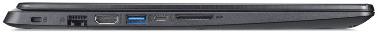 Izquierda: ranura para bloqueo de cable, Gigabit Ethernet, HDMI, 2x USB 3.1 Gen 1 (1x Tipo A, 1x Tipo C), lector de tarjetas SD (SDXC)