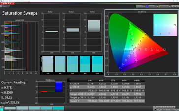 CalMAN: Saturación de color - Espacio de color de destino DCI P3, pantalla posterior