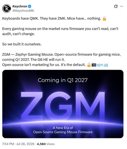 Anuncio del firmware del Keychron ZGM en X