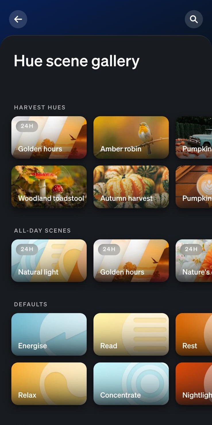 Captura de pantalla de la nueva colección Harvest Hues en la galería de escenas de la aplicación Philips Hue. (Fuente de la imagen: Propia)
