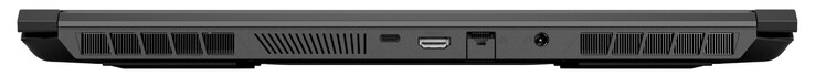Parte trasera: USB 3.2 Gen 2 (Tipo-C; DisplayPort 1.4, G-Sync), HDMI 2.1 (con HDCP 2.3), Gigabit Ethernet, fuente de alimentación