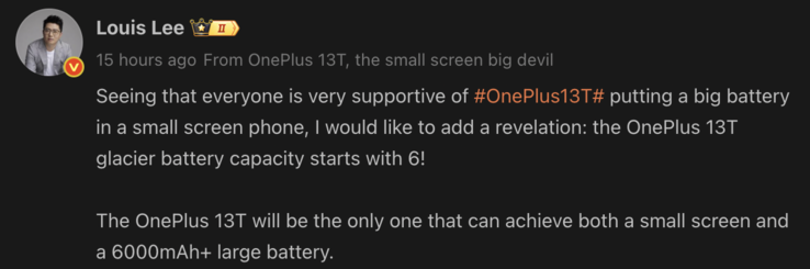 Louis Lee, Presidente de OnePlus China, se burla de una gran batería para el próximo OnePlus 13T. (Fuente de la imagen: Weibo - machine translated)