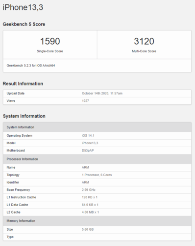 El primer avistamiento de un iPhone con 6 GB de RAM tiene un rendimiento multi-núcleo abrumador. (Fuente de la imagen: Geekbench)