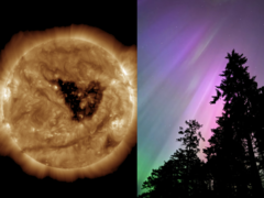 Una tormenta geomagnética en esta época del año es importante debido al efecto Russell-McPherron. En la imagen: agujero coronal en el sol (izquierda) y aurora boreal (derecha) (Fuente de la imagen: NOAA, Anubhav Sharma/Notebookcheck)