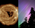 Una tormenta geomagnética en esta época del año es importante debido al efecto Russell-McPherron. En la imagen: agujero coronal en el sol (izquierda) y aurora boreal (derecha) (Fuente de la imagen: NOAA, Anubhav Sharma/Notebookcheck)