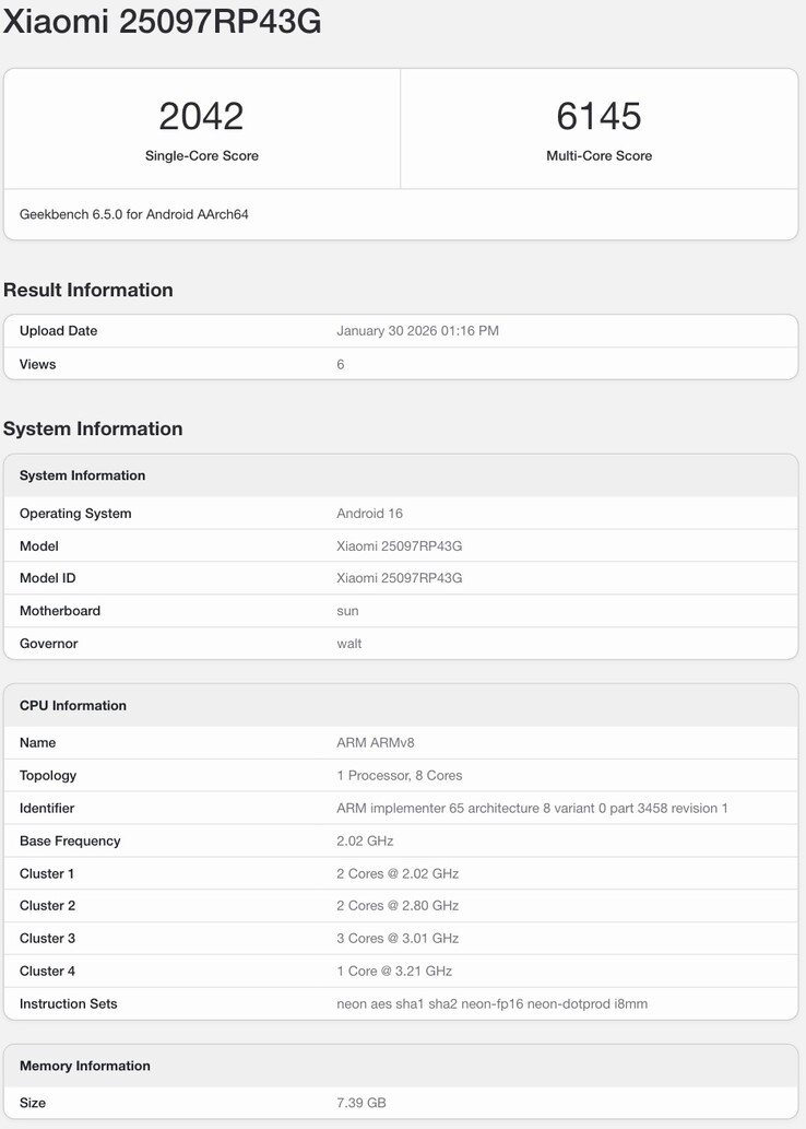 Listado de Geekbench de la variante global de la Xiaomi Pad 8.