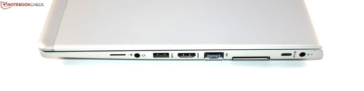 Lado derecho: Ranura SIM, conector combinado de audio, USB 3.0 tipo A, HDMI, RJ45-Ethernet, puerto de acoplamiento, USB 3.1 Gen1 tipo C, Alimentación