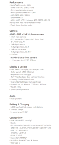 Xiaomi Redmi Note 9T - Especificaciones. (Fuente de la imagen: Xiaomi)