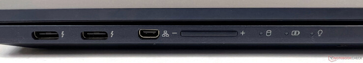 Conectores a la izquierda: 2x Thunderbolt 4 (40GBit/s, DisplayPort modo ALT 1.4, Power Delivery 3.0), 1x Micro HDMI (para LAN)