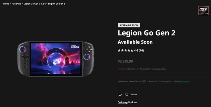 Legion Ir 2 listado en el sitio web de Lenovo. 