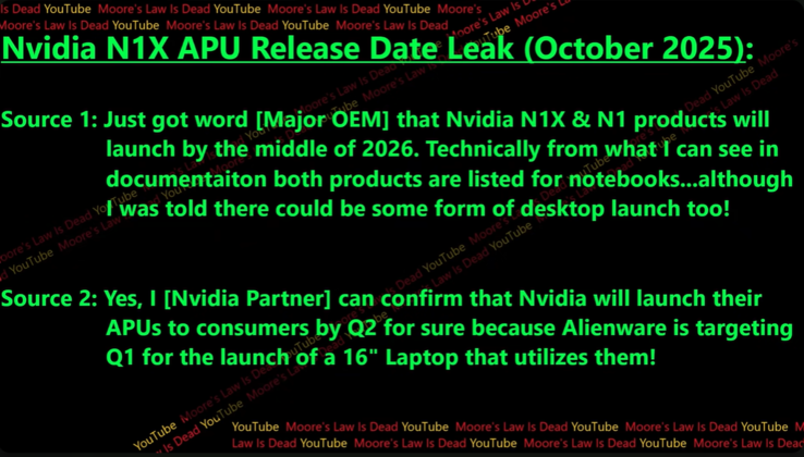 Rumores sobre la fecha de lanzamiento del Nvidia N1X. (Fuente de la imagen: Moore's Law Is Dead en YouTube)