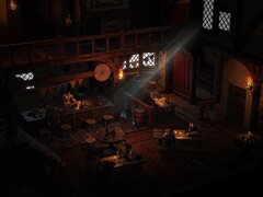 Una imagen que muestra una taberna con personajes en Wartales.