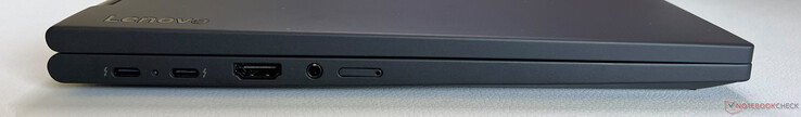 Lado izquierdo: 2x USB-C 4.0 con Thunderbolt 4 (40 Gbps, DisplayPort 2.1, Power Delivery 3.0), HDMI 2.1, audio de 3,5 mm, ranura Nano-SIM