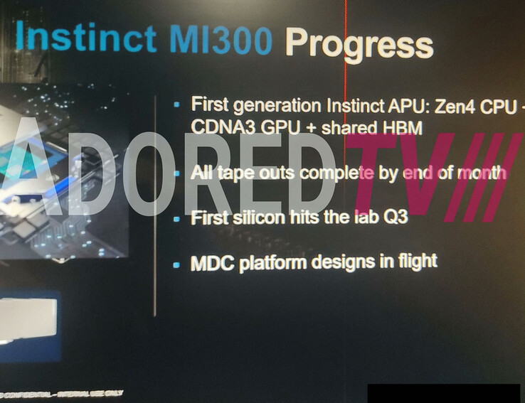 Diapositiva filtrada del AMD MI300. (Fuente: AdoredTV en YouTube)