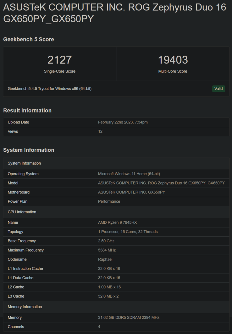 AMD Ryzen 9 7945HX en Geekbench (imagen vía Geekbench)