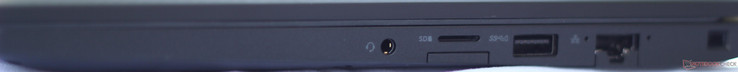 Derecha: auriculares combinados, microSD, bandeja SIM, USB 3.1 (Gen 1) tipo A, Ethernet, ranura de bloqueo Noble
