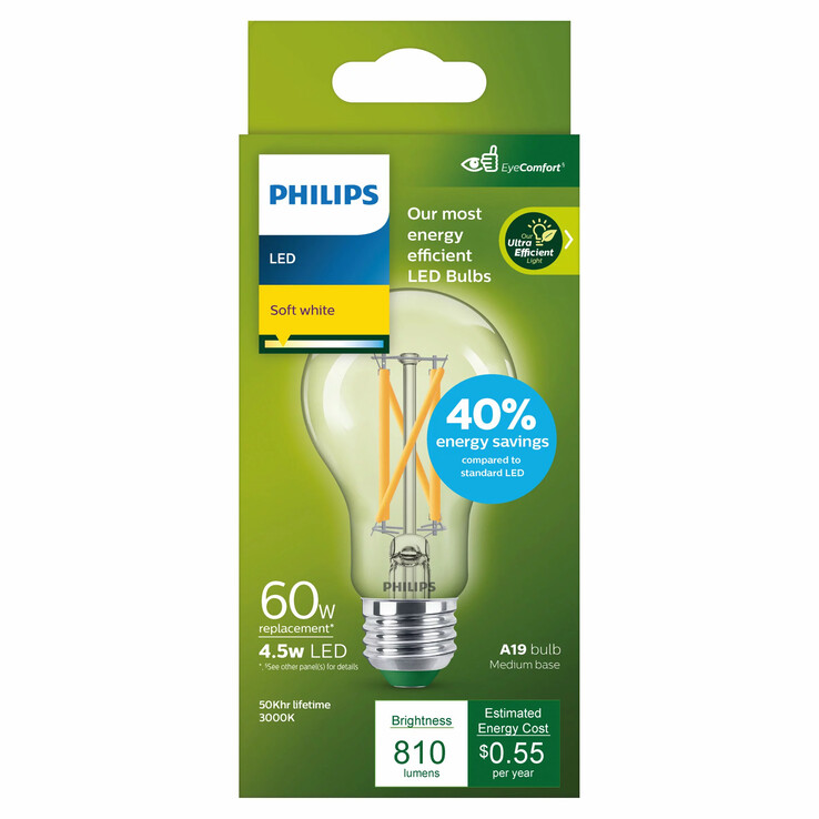 Bombilla LED 60W A19 ultraeficiente de Philips, blanco suave (Fuente de la imagen: Philips)
