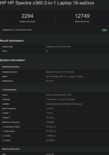 Ultra 7 155H (fuente de la imagen: Geekbench)