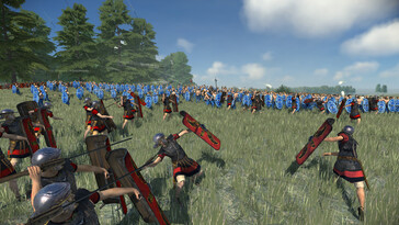 Una imagen que muestra una batalla entre los Julios y los británicos en Total War: Rome Remastered.