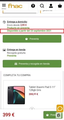 Fecha de disponibilidad de la Xiaomi Pad 5. (Fuente de la imagen: Fnac vía eSavants)