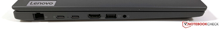 Izquierda: Gigabit Ethernet, 2x USB-C 3.2 Gen.2 (10 GBit/s, DisplayPort modo ALT 1.4, Power Delivery), HDMI 2.0, USB-A 3.2 Gen.1 (5 GBit/s, con alimentación), 3,5 mm estéreo