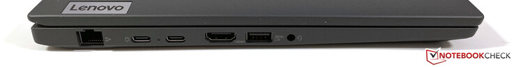 Izquierda: Gigabit Ethernet, 2x USB-C 3.2 Gen.2 (10 GBit/s, DisplayPort modo ALT 1.4, Power Delivery), HDMI 2.0, USB-A 3.2 Gen.1 (5 GBit/s, con alimentación), 3,5 mm estéreo