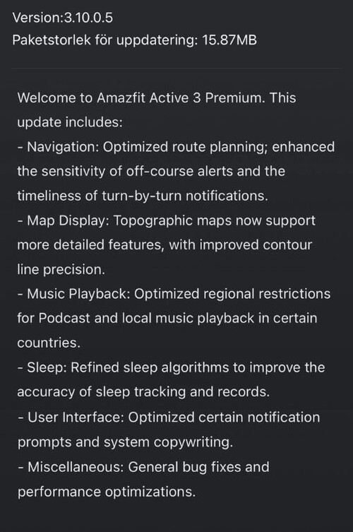 Las notas de la versión 3.10.05 del firmware para el Amazfit Active 3 Premium