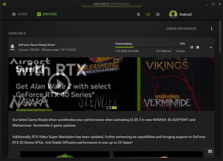 Descarga del controlador Nvidia GeForce Game Ready 545.84 en GeForce Experience (Fuente: Propia)