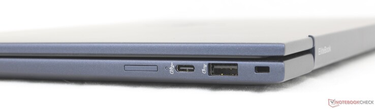 Derecha: Ranura Nano-SIM (opcional), USB-C a 10 Gbps con Power Delivery + DisplayPort 1.4, USB-A a 5 Gbps, cierre Noble
