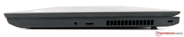 Lado derecho: clavija de 3,5 mm, puerto USB 3.1 tipo A, conector con cerradura de seguridad.