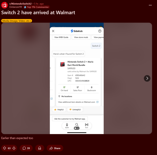 Niveles de existencias de Nintendo Switch 2 en Walmart (Fuente de la imagen: Nintendo Switch 2 subreddit)
