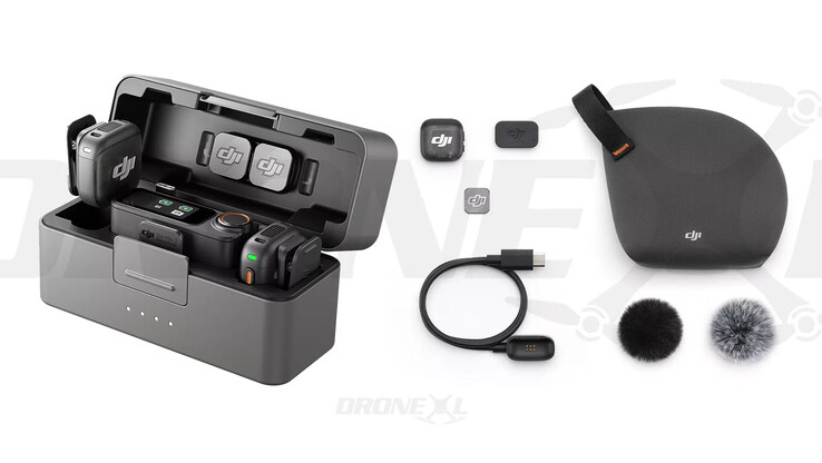 El Mic 3 con su estuche de carga, el transmisor y los accesorios asociados. (Fuente de la imagen: vía DroneXL &amp; Jasper Ellens)