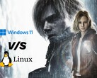 Ilustración de Resident Evil Requiem con gráfico comparativo de Windows 11 frente a Linux.