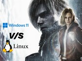 Ilustración de Resident Evil Requiem con gráfico comparativo de Windows 11 frente a Linux.