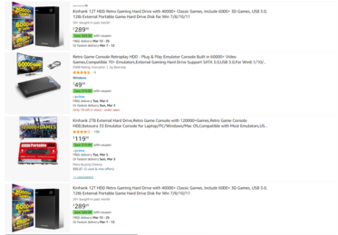 Además de las aplicaciones de emulación, Amazon permite la venta de discos duros preinstalados con ROMs de juegos retro y emuladores en el sitio. (Imagen: captura de pantalla de Amazon.com)